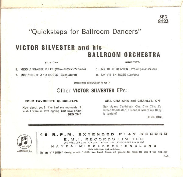 Victor Silvester And His Ballroom Orchestra : Quicksteps For Ballroom Dancers (7", EP, Mono)