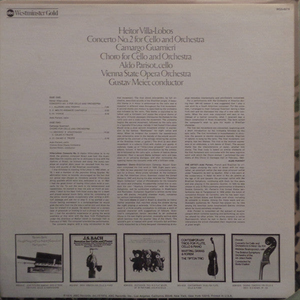 Heitor Villa-Lobos / Mozart Camargo Guarnieri - Aldo Parisot, Orchester Der Wiener Staatsoper, Gustav Meier : Concerto No. 2 For Cello And Orchestra / Choro For Cello And Orchestra (LP, RE, Ter)