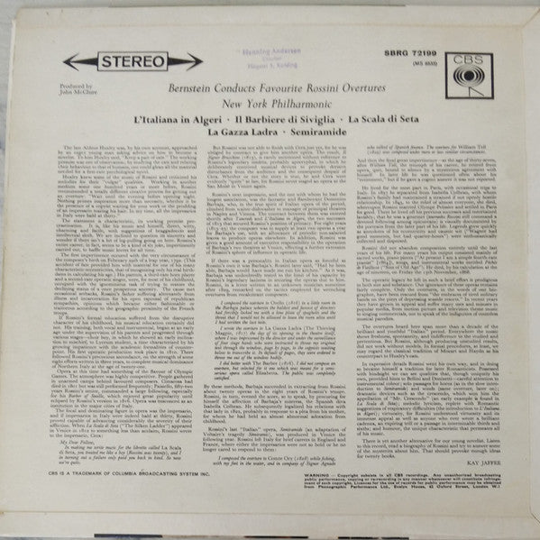 Gioacchino Rossini - Leonard Bernstein, New York Philharmonic : Bernstein Conducts Favorite Rossini Overtures (LP)