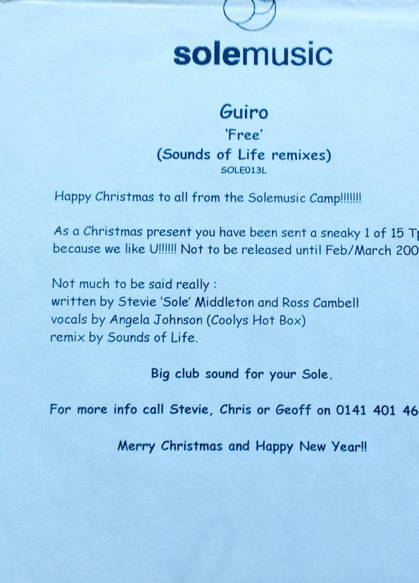 Guiro : Free (Sounds Of Life Remixes) (12", W/Lbl)
