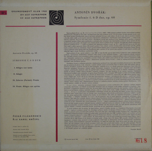 Antonín Dvořák - The Czech Philharmonic Orchestra , Řídí Karel Ančerl : Symphony Č. 6 D. Dur Opus 60  (LP, Album, Mono, Club)