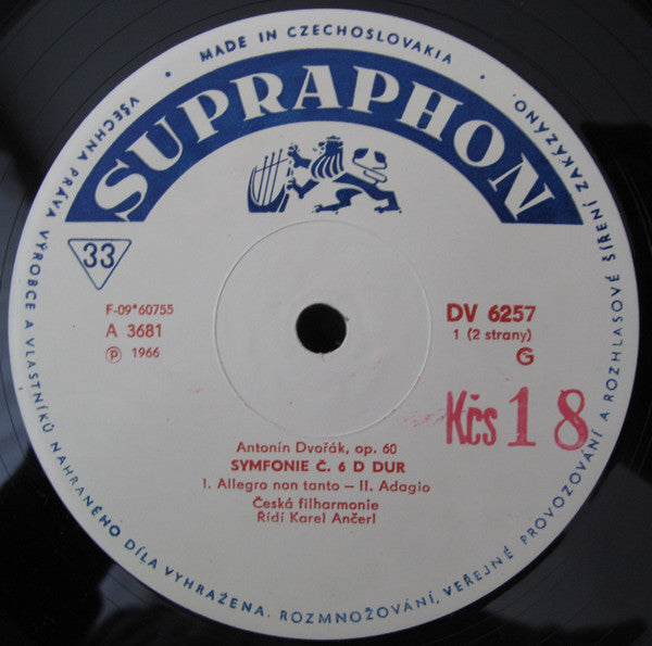 Antonín Dvořák - The Czech Philharmonic Orchestra , Řídí Karel Ančerl : Symphony Č. 6 D. Dur Opus 60  (LP, Album, Mono, Club)