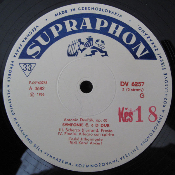 Antonín Dvořák - The Czech Philharmonic Orchestra , Řídí Karel Ančerl : Symphony Č. 6 D. Dur Opus 60  (LP, Album, Mono, Club)