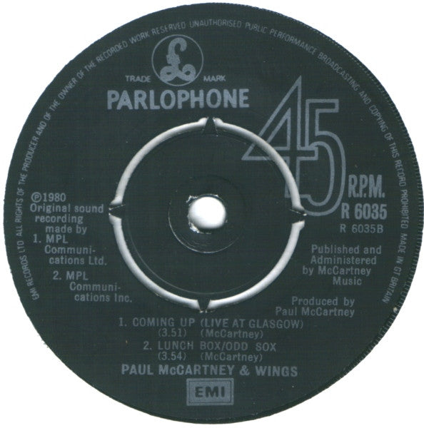 Paul McCartney : Coming Up (7", Single)