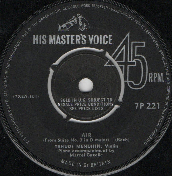 Yehudi Menuhin : Air / Praeludium (7", Single, RE)