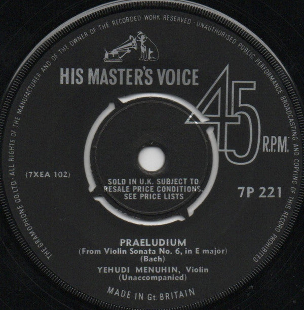 Yehudi Menuhin : Air / Praeludium (7", Single, RE)