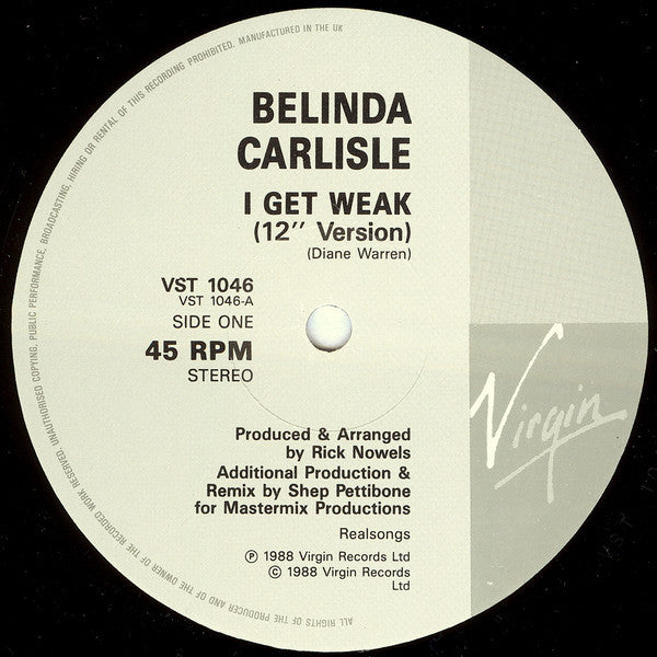 Belinda Carlisle : I Get Weak (12", Single, Pos)