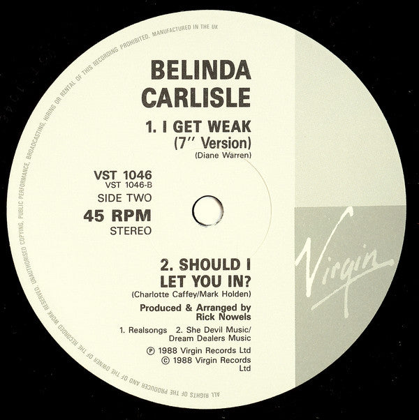 Belinda Carlisle : I Get Weak (12", Single, Pos)