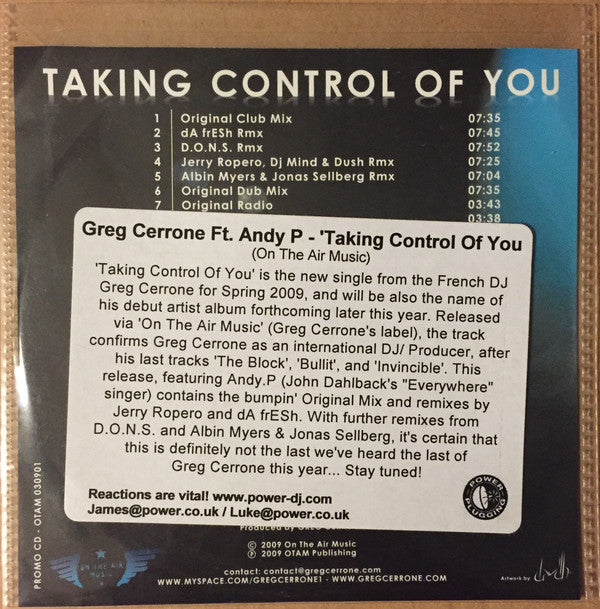 Greg Cerrone Feat Andy P : Taking Control Of You (CD, Promo, All)