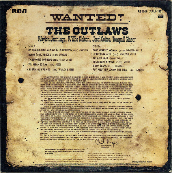 Waylon Jennings, Willie Nelson, Jessi Colter, Tompall Glaser : Wanted! The Outlaws (LP, Album, RE)