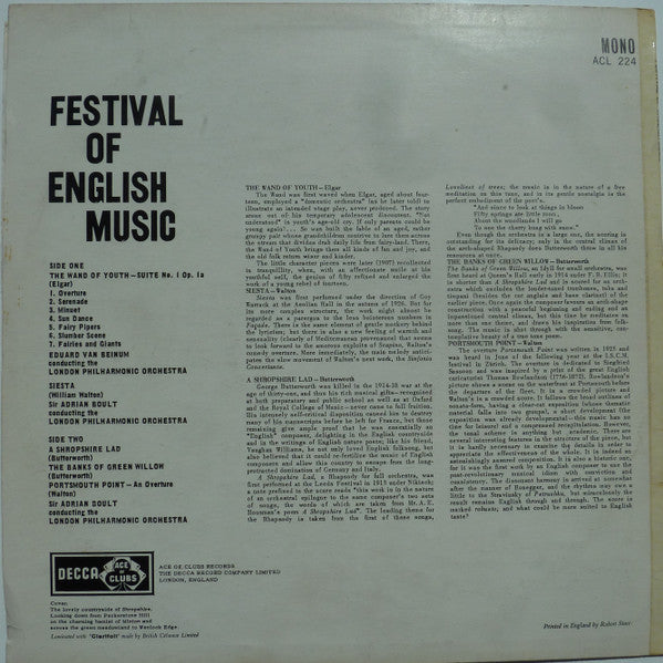 Sir Edward Elgar, Sir William Walton, George Butterworth  -  Sir Adrian Boult / Eduard van Beinum : London Philharmonic Orchestra : Festival Of English Music (LP, Comp, Mono)