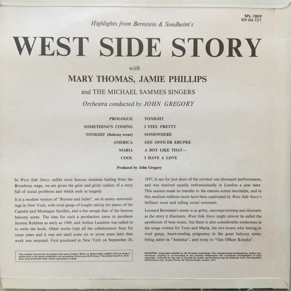 Mary Thomas, James Phillips (6) And Mike Sammes Singers Orchestra Conducted By John Gregory : West Side Story (LP, Album, RE)
