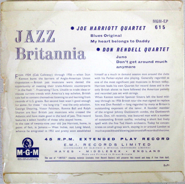 The Joe Harriott Quartet / Don Rendell Quartet : Jazz Britannia (7", EP)