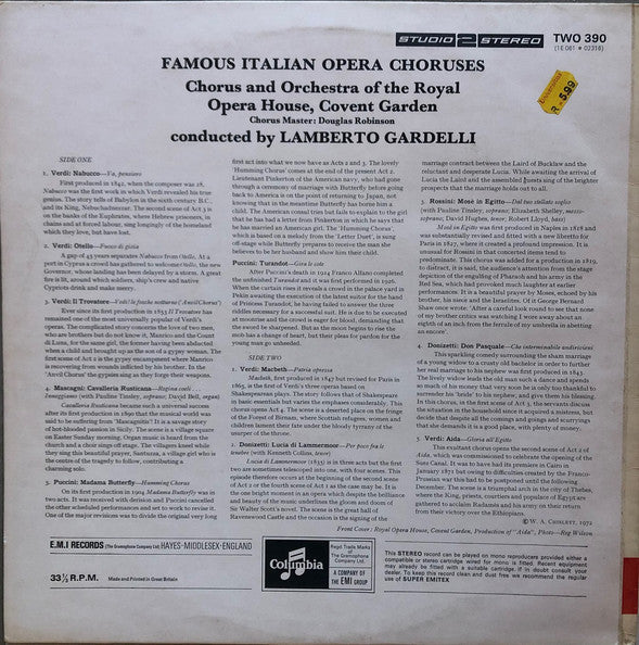 Various, Chorus Of The Royal Opera House, Covent Garden, Lamberto Gardelli : Famous Italian Opera Choruses (LP, Comp)