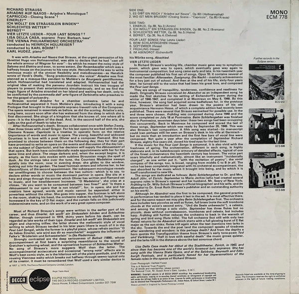 Richard Strauss, Lisa Della Casa : Four Last Songs / Capriccio - Closing Scene / Ariadne Auf Naxos - Ariadne's Aria (LP, Comp, Mono)
