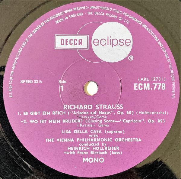 Richard Strauss, Lisa Della Casa : Four Last Songs / Capriccio - Closing Scene / Ariadne Auf Naxos - Ariadne's Aria (LP, Comp, Mono)