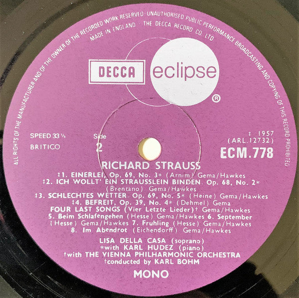 Richard Strauss, Lisa Della Casa : Four Last Songs / Capriccio - Closing Scene / Ariadne Auf Naxos - Ariadne's Aria (LP, Comp, Mono)