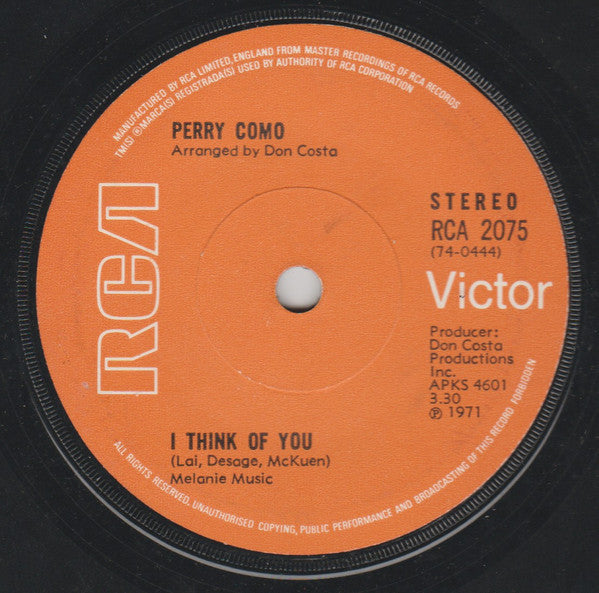 Perry Como : I Think Of You (7", Single, Sol)