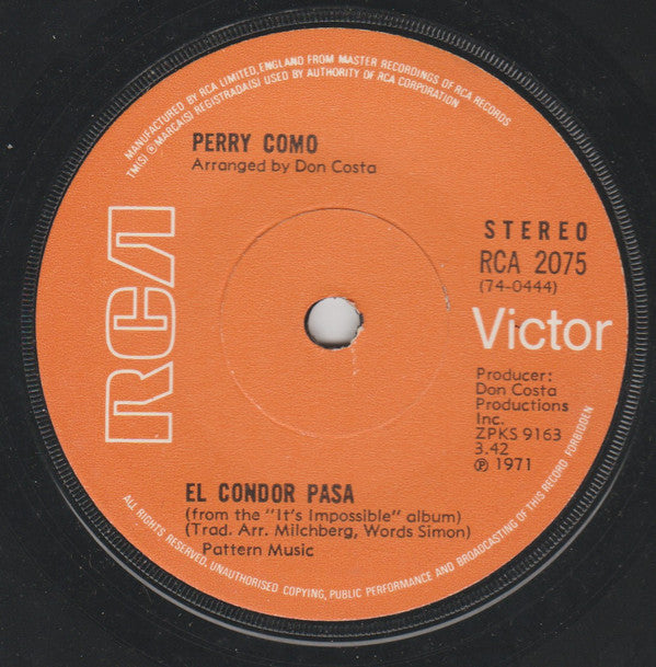Perry Como : I Think Of You (7", Single, Sol)