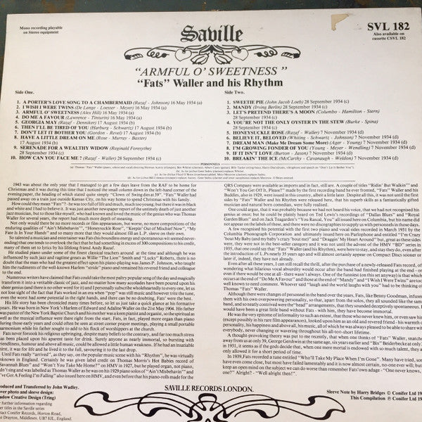 Fats Waller & His Rhythm : Armful O' Sweetness (LP, Comp, Mono)