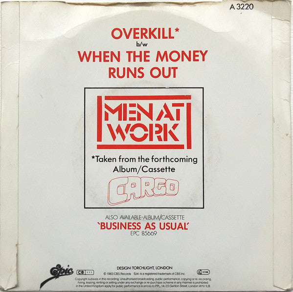Men At Work : Overkill (7", Single, Blu)