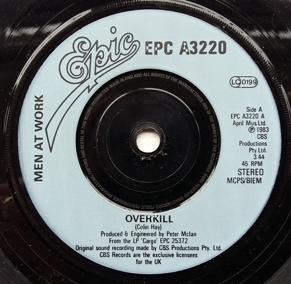 Men At Work : Overkill (7", Single, Blu)