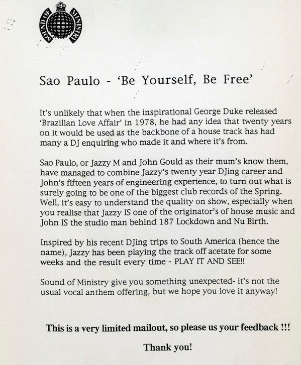 São Paulo : Be Yourself Be Free (12", W/Lbl)