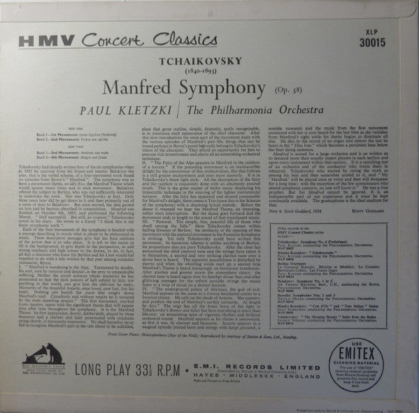 Pyotr Ilyich Tchaikovsky, Philharmonia Orchestra, Paul Kletzki : "Manfred" Symphony, (Op. 58) (LP, Mono, RE)