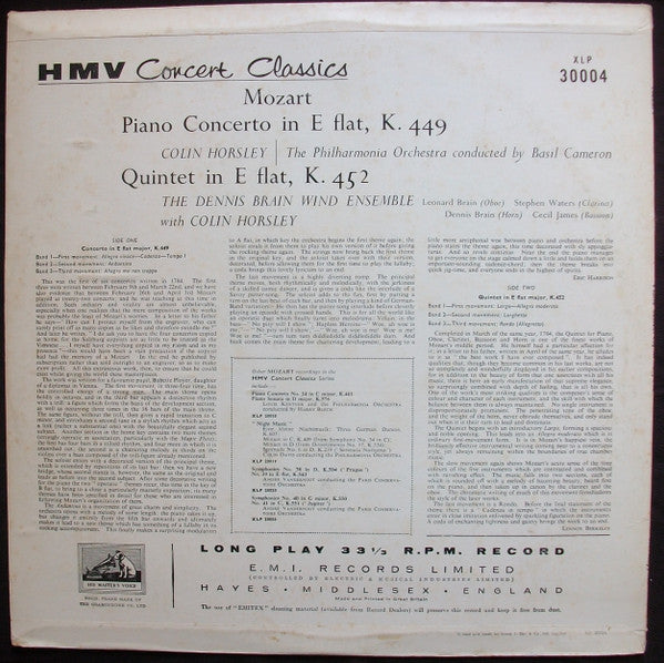 Wolfgang Amadeus Mozart, Colin Horsley, Dennis Brain Wind Ensemble, Basil Cameron, Philharmonia Orchestra : Quintet In E Flat K.452 / Piano Concerto In E Flat K.449 (LP)