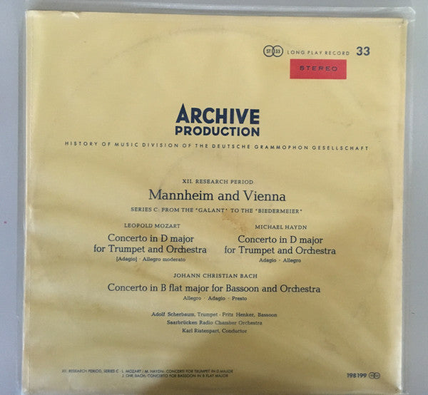 Leopold Mozart, Michael Haydn, Johann Christian Bach, Karl Ristenpart, Adolf Scherbaum, Fritz Henker, Kammerorchester Des Saarländischen Rundfunks, Saarbrücken : Mannheim And Vienna (XII. Research Period – Series C: From The 'Galant' To The 'Biedermeier') (LP, Album)