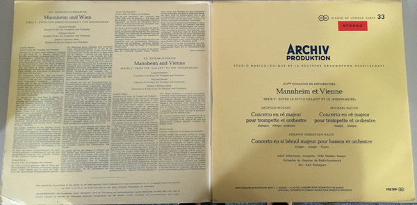 Leopold Mozart, Michael Haydn, Johann Christian Bach, Karl Ristenpart, Adolf Scherbaum, Fritz Henker, Kammerorchester Des Saarländischen Rundfunks, Saarbrücken : Mannheim And Vienna (XII. Research Period – Series C: From The 'Galant' To The 'Biedermeier') (LP, Album)