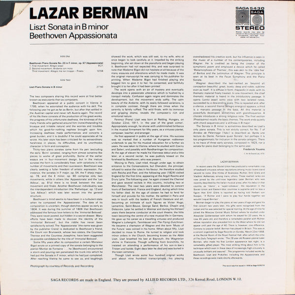 Lazar Berman, Franz Liszt, Ludwig van Beethoven : Sonata In B Minor • Appassionata (LP, RE)