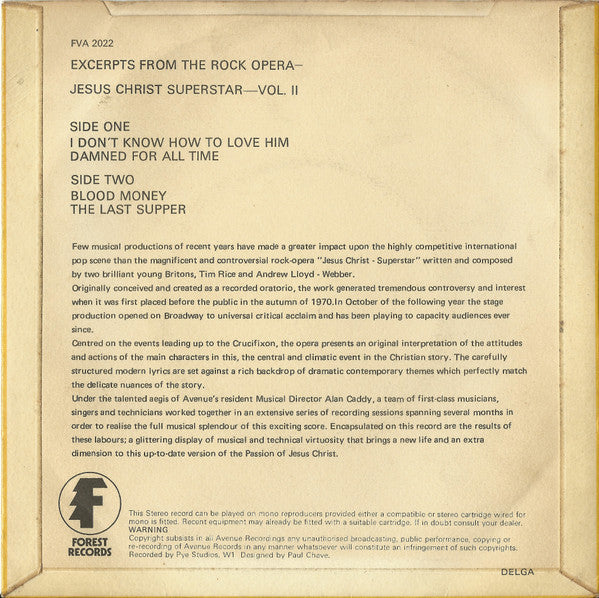 Alan Caddy Orchestra & Singers : Excerpts From The Rock Opera Jesus Christ Superstar Vol. II (7", EP)