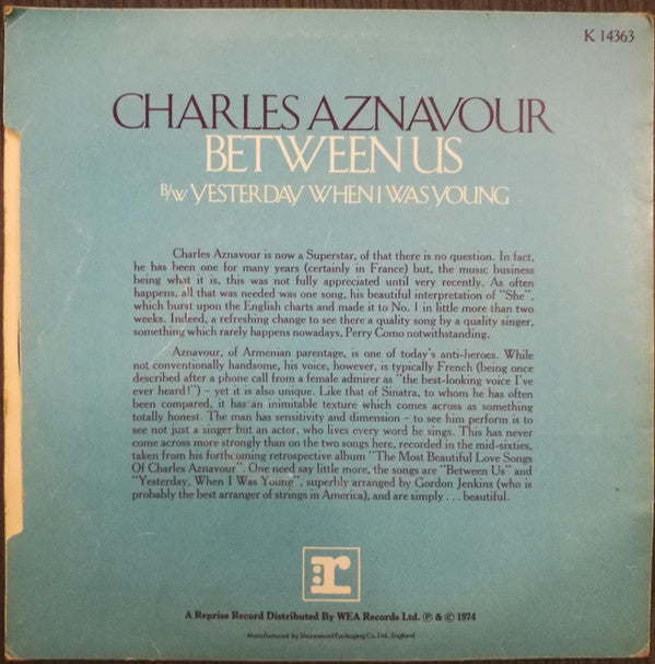Charles Aznavour : Between Us (7", Single)