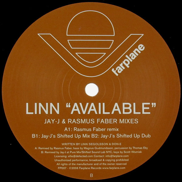 Linn : Available (Jay-J & Rasmus Faber Mixes) (12")