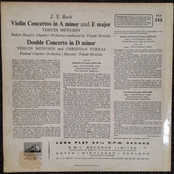 Johann Sebastian Bach, Yehudi Menuhin, Christian Ferras, Bath Festival Chamber Orchestra, Robert Masters Chamber Orchestra : Violin Concertos (LP, RE)