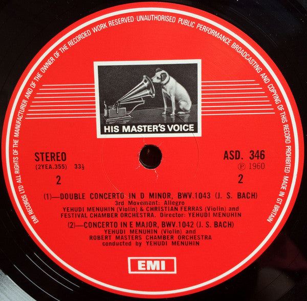 Johann Sebastian Bach, Yehudi Menuhin, Christian Ferras, Bath Festival Chamber Orchestra, Robert Masters Chamber Orchestra : Violin Concertos (LP, RE)