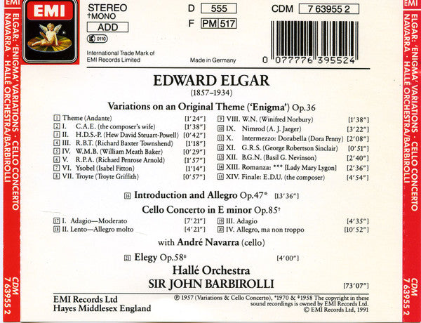 Sir Edward Elgar – André Navarra, Sir John Barbirolli / Hallé Orchestra : Cello Concerto ∙ Enigma Variations · Introduction And Allegro For Strings ∙ Elegy For Strings (CD, Comp, Mono, RM)