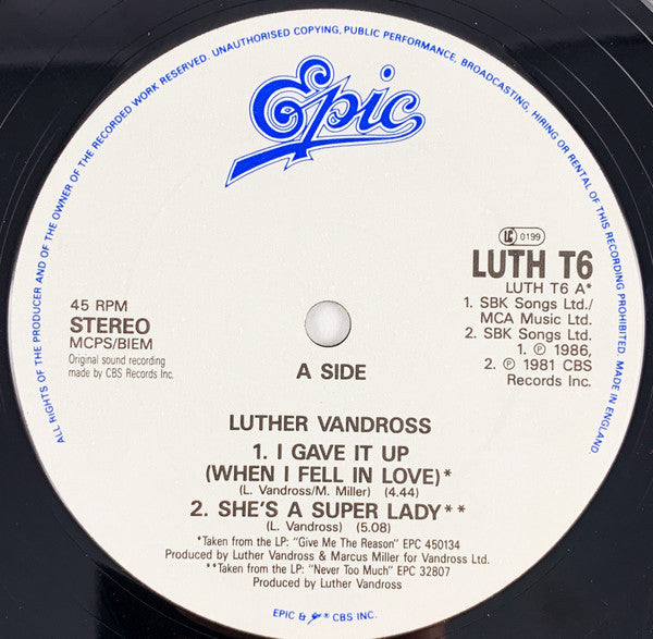 Luther Vandross : I Gave It Up (When I Fell In Love) (12")