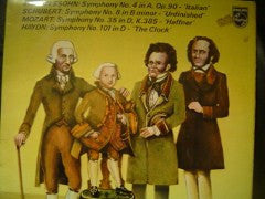 Joseph Haydn / Wolfgang Amadeus Mozart / Franz Schubert / Felix Mendelssohn-Bartholdy, Bernard Haitink, Pierre Monteux, Sir Neville Marriner, Wolfgang Sawallisch : Four Symphonies (2xLP, Comp, Smplr)