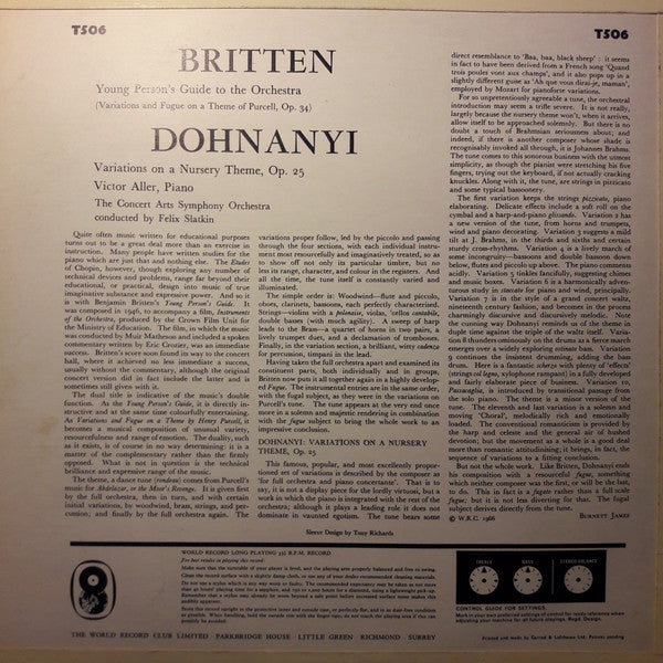 Benjamin Britten / Ernst von Dohnányi, The Concert Arts Orchestra, Felix Slatkin : Young Person's Guide To The Orchestra / Variations On A Nursery Tune (LP, Album, Club)