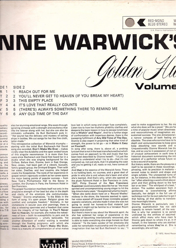 Dionne Warwick : Dionne Warwick's Golden Hits - Volume 1 (LP, Comp, Mono)