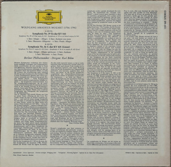 Wolfgang Amadeus Mozart • Karl Böhm, Berliner Philharmoniker : Symphonien Nr. 39 Es-Dur • Nr. 36 »Linzer« (LP, Album, RP)