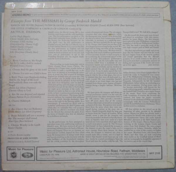 Georg Friedrich Händel - The Little Symphony Of London Conducted By Arthur Davison : Excerpts From The Messiah (LP)