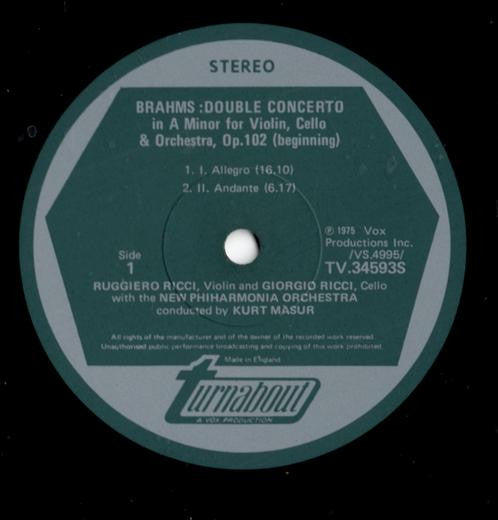 Johannes Brahms / Robert Schumann, Ruggiero Ricci, Giorgio Ricci (2), Kurt Masur, New Philharmonia Orchestra, Gewandhausorchester Leipzig : Double Concerto In A Minor For Violin, Cello & Orchestra/ Fantasy For Violin & Orchestra (LP)