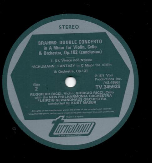 Johannes Brahms / Robert Schumann, Ruggiero Ricci, Giorgio Ricci (2), Kurt Masur, New Philharmonia Orchestra, Gewandhausorchester Leipzig : Double Concerto In A Minor For Violin, Cello & Orchestra/ Fantasy For Violin & Orchestra (LP)