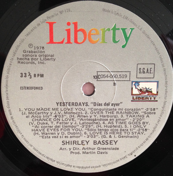 Shirley Bassey : Yesterdays = Días Del Ayer (LP, Album, RE)