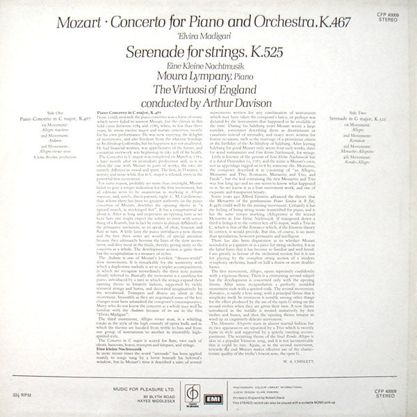 Wolfgang Amadeus Mozart - Dame Moura Lympany, The Virtuosi Of England, Arthur Davison : Piano Concerto No. 21 "Elvira Madigan" - Eine Kleine Nachtmusik (LP, RP)