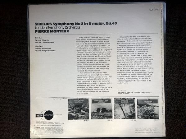Jean Sibelius, London Symphony Orchestra, Pierre Monteux : Symphony No 2 (LP, RE)