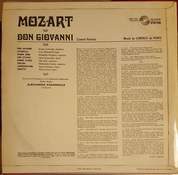 Wolfgang Amadeus Mozart - Badischer Staatsopernchor And Orchester Der Badischen Staatsoper, Alexander Krannhals : Don Giovanni (Concert Version) (LP, Album)